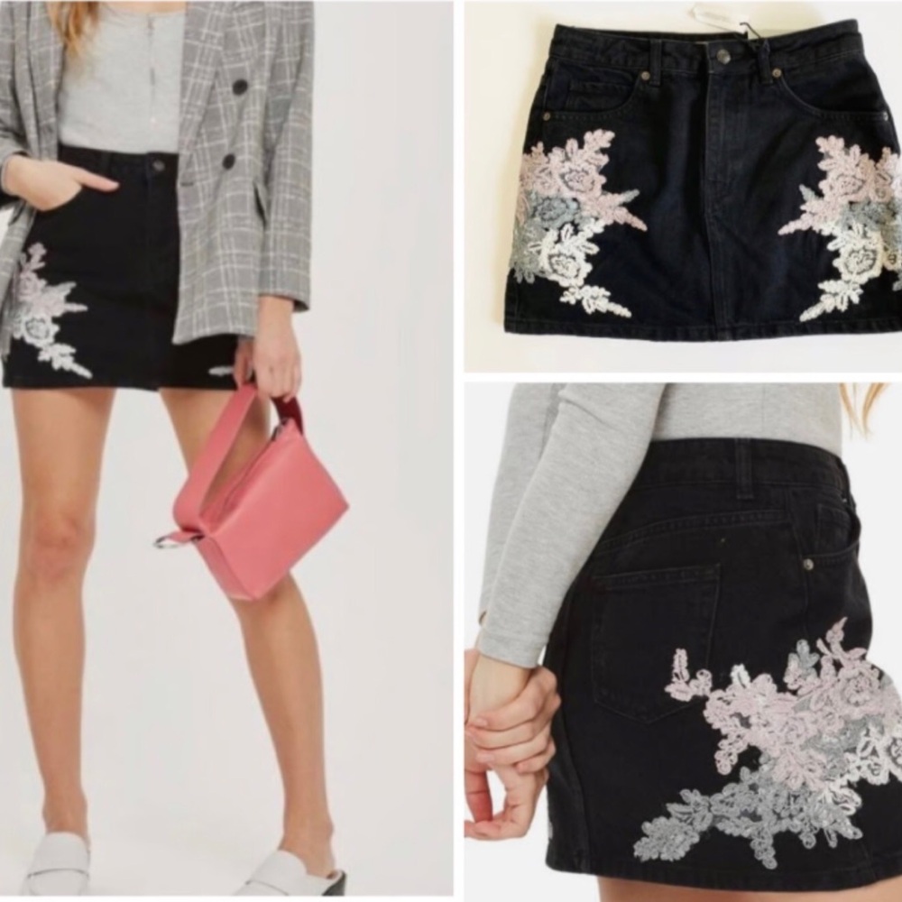 Topshop Lace Applique Denim Skirt.